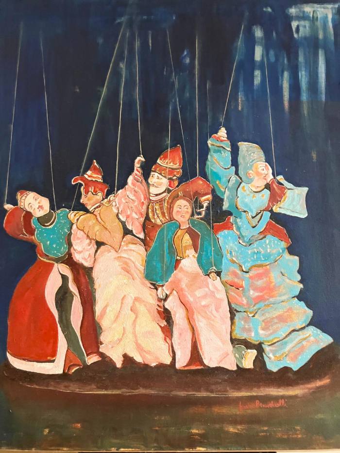Olio che ritrae delle marionette, di Grazia Berardinelli. Opera esposta alla mostra 'Parole d’arte e Creatività' per il Salone Off 2026 dell'Associazione Gli Artimani APS.