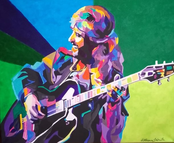 Dipinto in acrilico Omaggio a Pino Daniele della pittrice Gabriella D'Alessano, stile pop art dai colori vivaci.