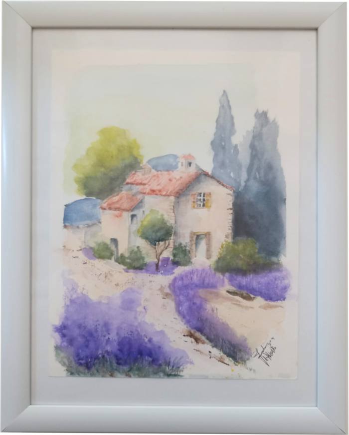 Acquerello che ritrae un paesaggio collinare con una casa e toni tenui, di Alberto Fabrizia. Opera esposta alla mostra 'Parole d’arte e Creatività' per il Salone Off 2026 dell'Associazione Gli Artimani APS.