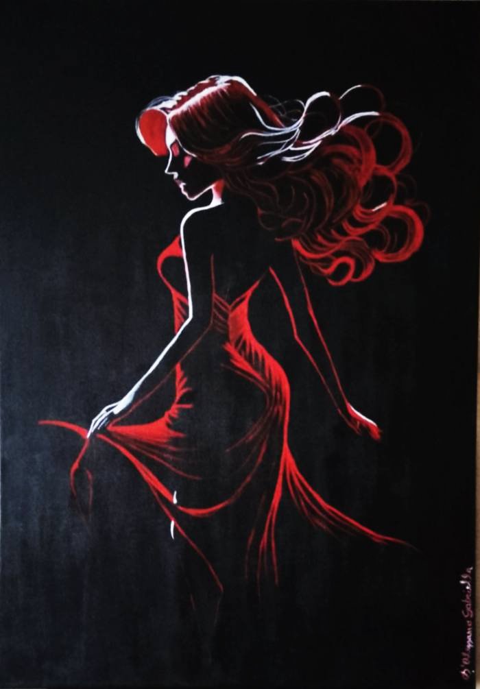 Una immagine che ritrae la sagoma di una donna che balla su fondo nero e illuminata da una luce rossa di Gabriella D'alessano. Opera esposta alla mostra 'Parole d’arte e Creatività' per il Salone Off 2026 dell'Associazione Gli Artimani APS."