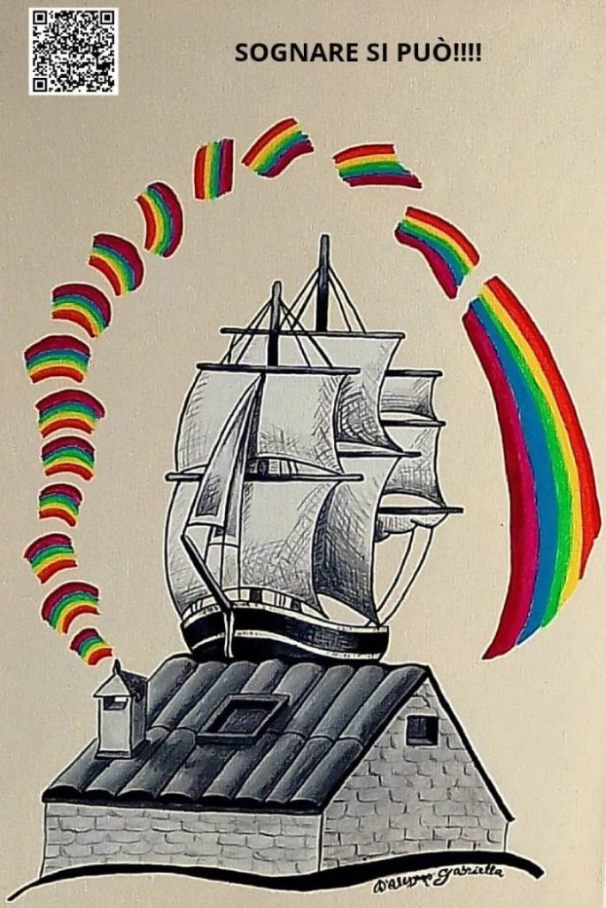una immagine a colori acrilici che ritrae un veliero sopra di un tetto e un arcobaleno che esce dal camino invece del fumo, di Gabriella D'alessano. Opera esposta alla mostra 'Parole d’arte e Creatività' per il Salone Off 2026 dell'Associazione Gli Artimani APS."