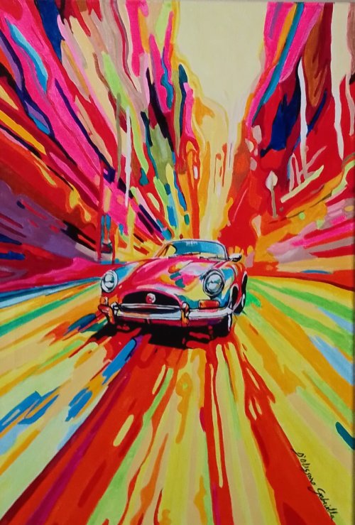 Dipinto in acrilico raffigurante un'auto d'epoca rossa in corsa, circondata da scie di colore psichedeliche e dinamiche che esprimono velocità ed energia..