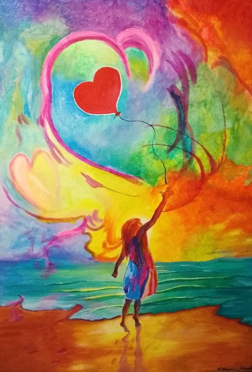 Dipinto in acrilico raffigurante una bambina sulla spiaggia che tiene un palloncino rosso a forma di cuore, immersa in un cielo colorato d'ispirazione onirica.