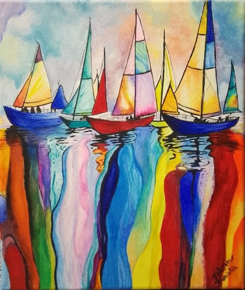 Dipinto in acrilico con barche a vela colorate in mezzo al mare e lunghi riflessi cromatici nell'acqua..