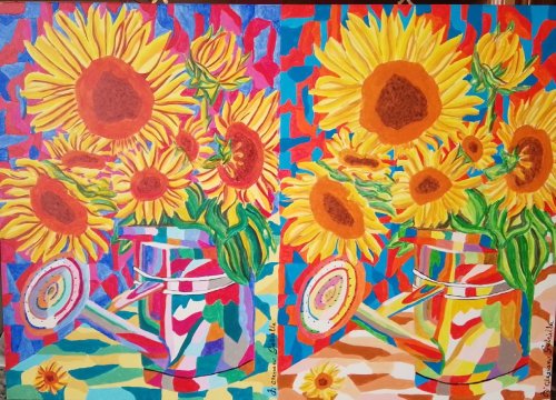 Dipinto in acrilico strutturato come un dittico moderno, raffigurante grandi girasoli gialli in un annaffiatoio su uno sfondo geometrico multicolore.