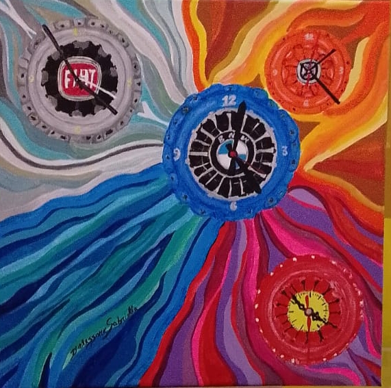 Dipinto in acrilico con quattro orologi colorati, di cui due con i loghi FIAT e BMW, disposti su uno sfondo di onde di colore psichedeliche, opera sul tema del tempo di Gabriella D'Alessano.