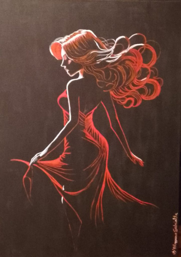 Dipinto moderno in acrilico raffigurante la silhouette di una donna in abito lungo e capelli mossi, delineata con linee rosse e bianche su sfondo nero.