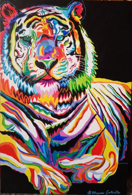 Dipinto in acrilico raffigurante il ritratto di una tigre dai colori vivaci e psichedelici su sfondo nero.