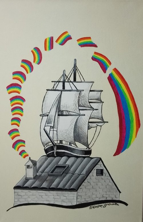 Dipinto in acrilico surrealista con un grande veliero in bianco e nero sul tetto di una casa e un arcobaleno colorato che esce dal camino,.