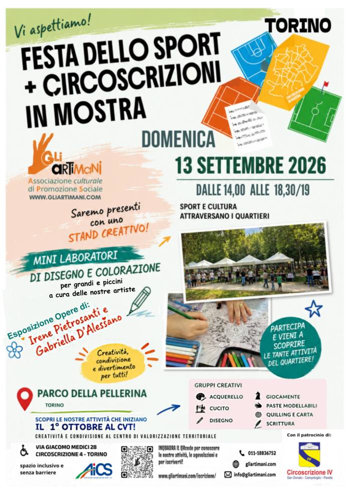 Locandina dell'evento Festa dello Sport e Circoscrizioni in Mostra al Parco della Pellerina di Torino con l'associazione Gli Artimani APS.