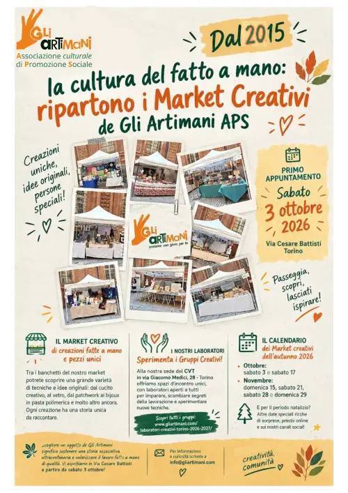 • Volantino informativo dei Market Creativi 2026 dell'associazione Gli Artimani APS a Torino in via Cesare Battisti, con date di ottobre e novembre e dettagli sui laboratori.