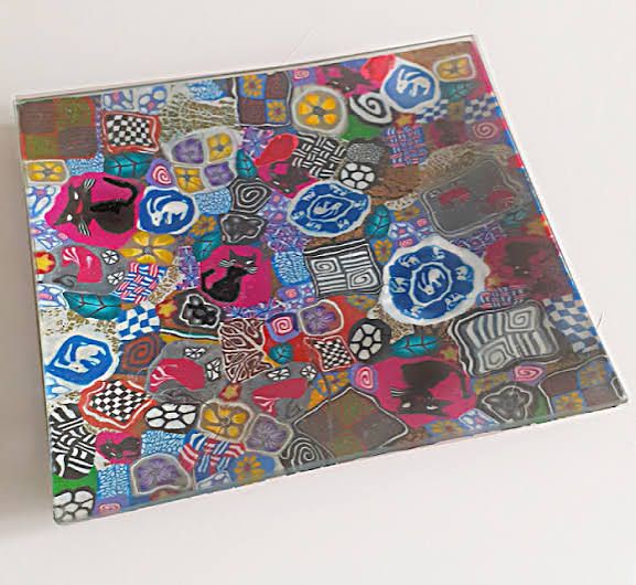 Piatto di vetro, decorato con murrine in Fimo